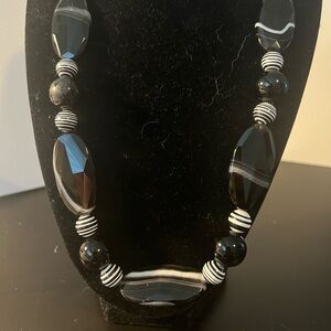 Black Striped Bead glass bead necklace with pierced Pearl Drop Earrings set
